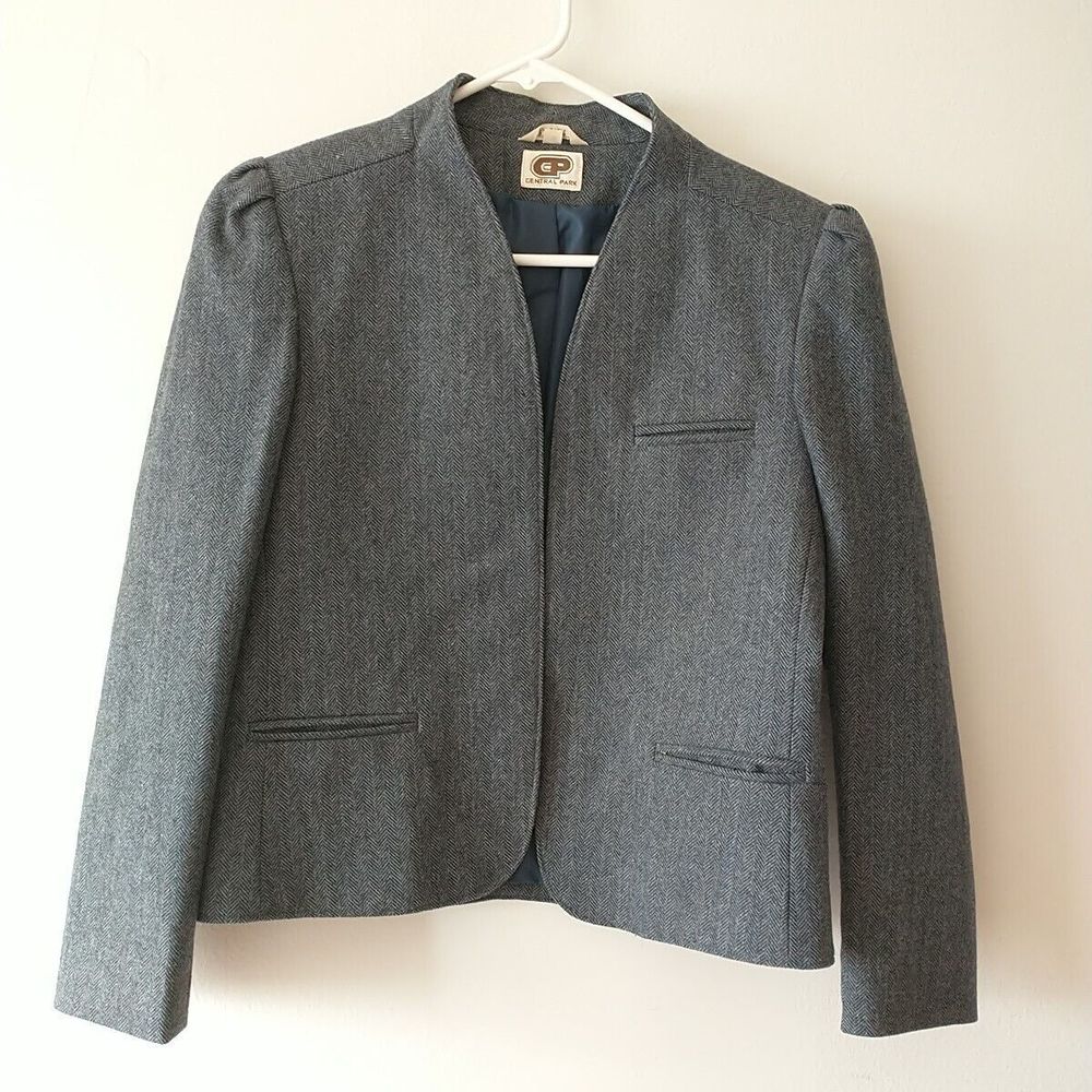 VTG Central Park Open Front Blazer Women 10 Gray 100% Wool Herringbone Office